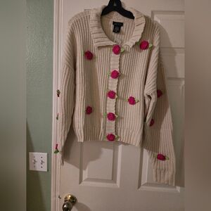 Women's Cream Sweater with Pink Floral Accents